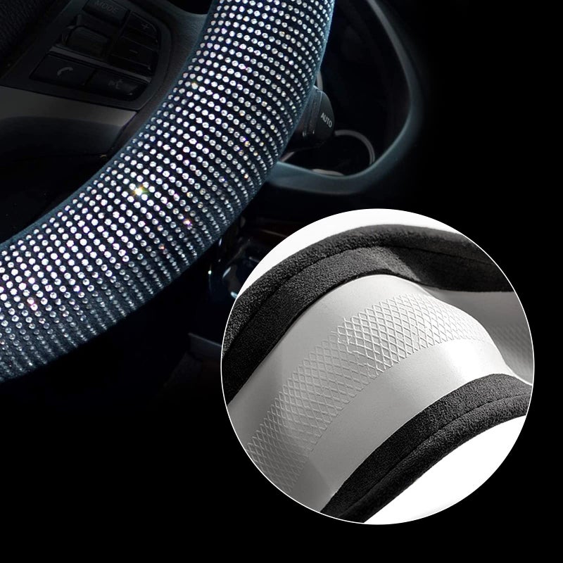 Valleycomfy Steering Wheel Cover for Women Men Bling Bling Crystal Diamond Sparkling Car SUV Wheel Protector Universal Fit 15 Inch (Black with White Diamond,Standard Size(14" 1/2-15" 1/4)) - Image 2